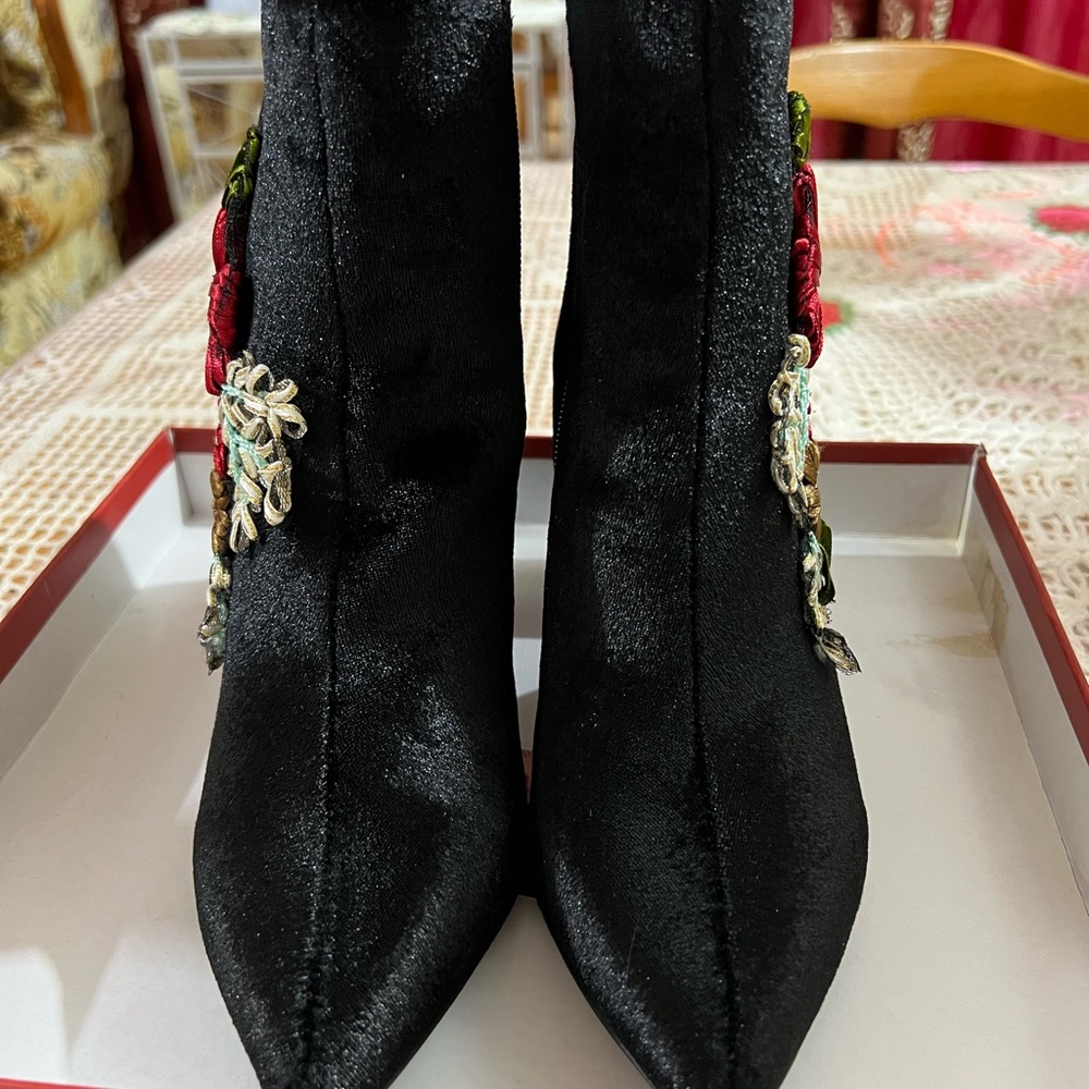 Floral Embroidered Black Ankle Boots - Picture 2 of 4